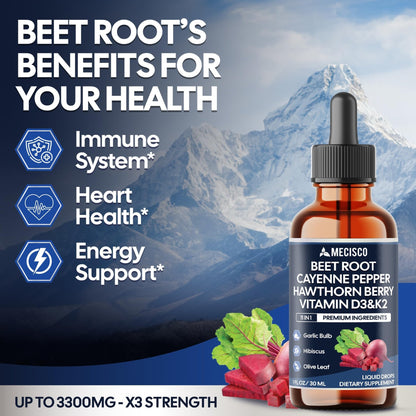 11in1 Beet Root Liquid Drops - Support Overall Wellness - with Vitamin D3, Vitamin K2, Hawthorn Berry, Cayenne Pepper, Garlic, Hibiscus, Olive, Red Spinach, Green Tea - 1 FL Oz - 60 Day Supply - dailyvitalstore