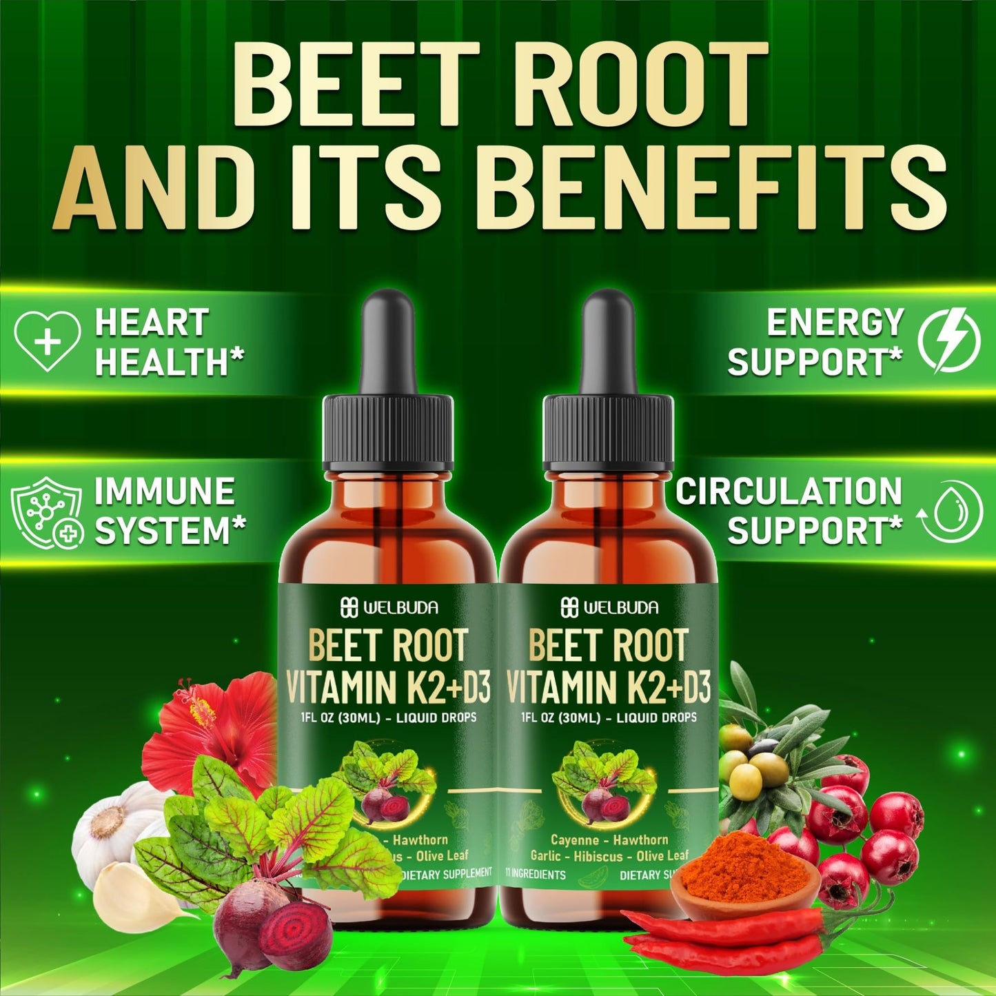 11in1 Beet Root Liquid Supplement - for Support Immune, Energy - with Vitamin D3, Vitamin K2, Hawthorn Berry, Cayenne Pepper, Garlic, Hibiscus, Olive, Red Spinach, Green Tea - 1 FL Oz - 30 Servings - dailyvitalstore