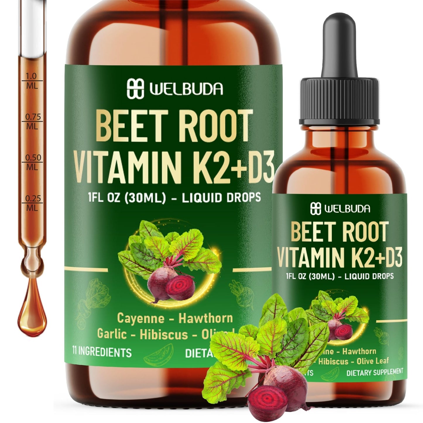 11in1 Beet Root Liquid Supplement - for Support Immune, Energy - with Vitamin D3, Vitamin K2, Hawthorn Berry, Cayenne Pepper, Garlic, Hibiscus, Olive, Red Spinach, Green Tea - 1 FL Oz - 30 Servings - dailyvitalstore