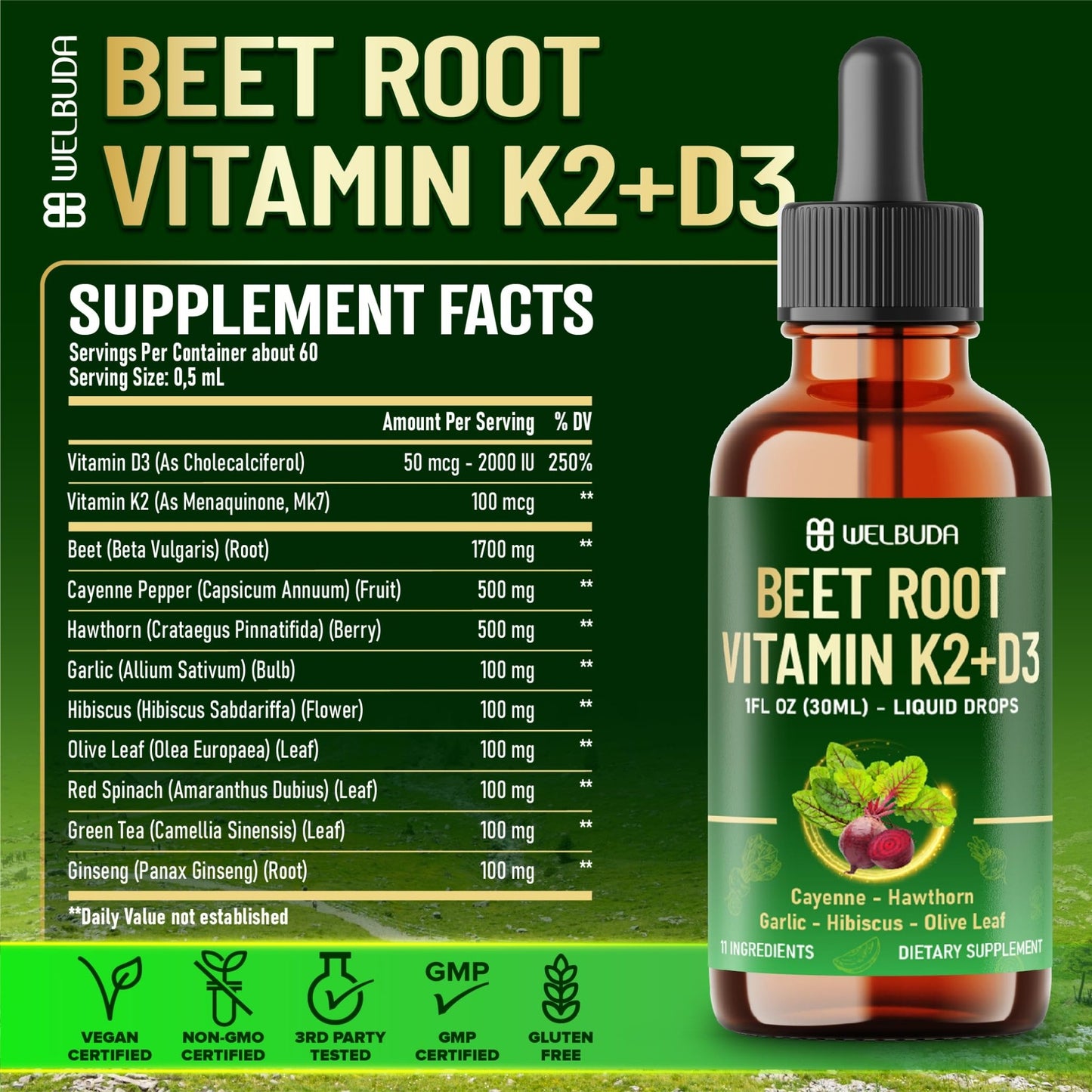 11in1 Beet Root Liquid Supplement - for Support Immune, Energy - with Vitamin D3, Vitamin K2, Hawthorn Berry, Cayenne Pepper, Garlic, Hibiscus, Olive, Red Spinach, Green Tea - 1 FL Oz - 30 Servings - dailyvitalstore