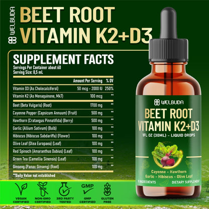 11in1 Beet Root Liquid Supplement - for Support Immune, Energy - with Vitamin D3, Vitamin K2, Hawthorn Berry, Cayenne Pepper, Garlic, Hibiscus, Olive, Red Spinach, Green Tea - 1 FL Oz - 30 Servings - dailyvitalstore