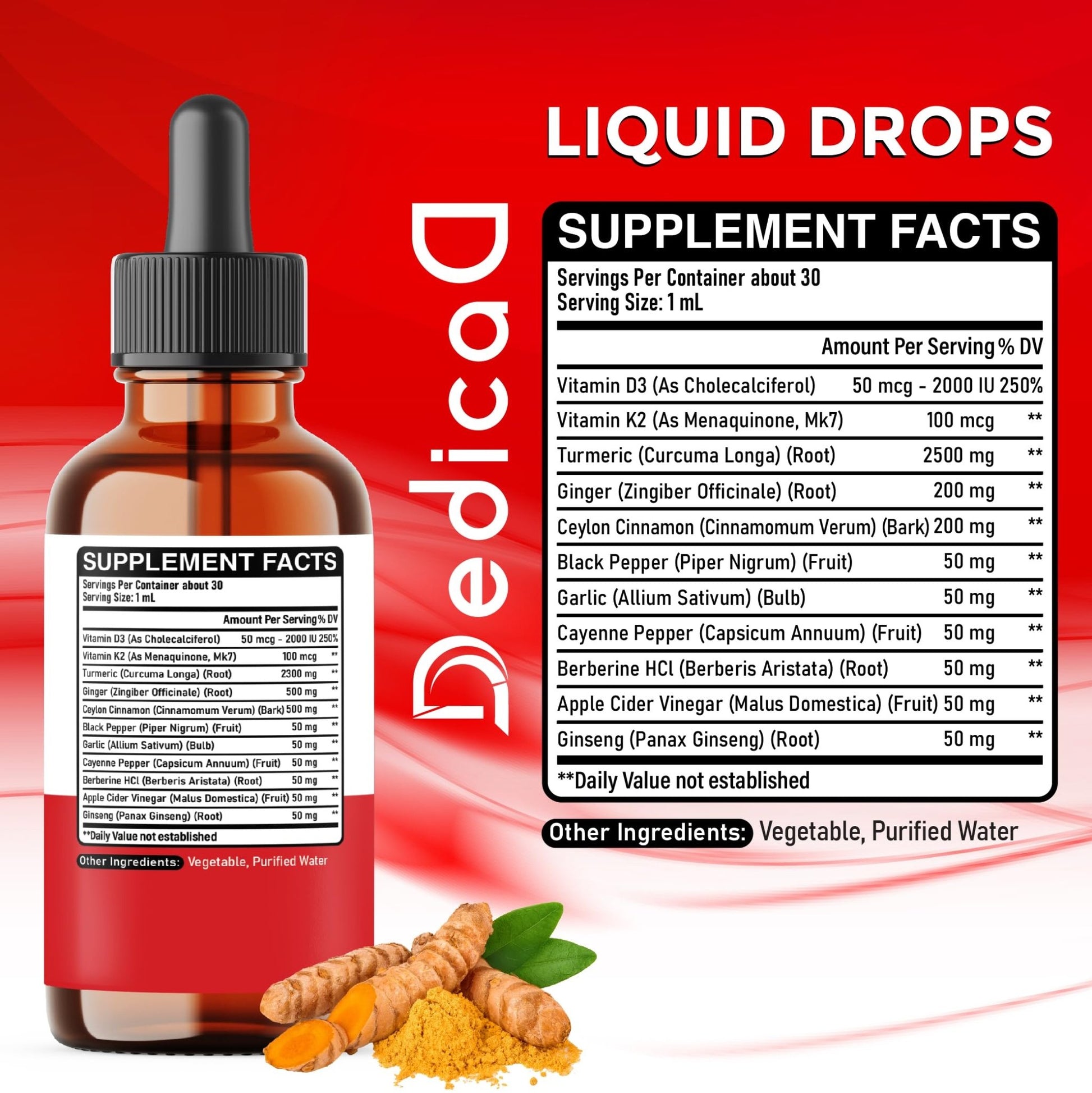 11in1 Liquid Turmeric Supplement – with Ginger, Garlic, Ceylon Cinnamon, Berberine, Ginseng, Apple Cider Vinegar – 1 Fl Oz – 30 Servings - dailyvitalstore