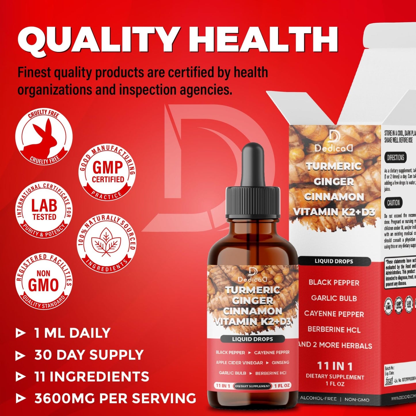 11in1 Liquid Turmeric Supplement – with Ginger, Garlic, Ceylon Cinnamon, Berberine, Ginseng, Apple Cider Vinegar – 1 Fl Oz – 30 Servings - dailyvitalstore