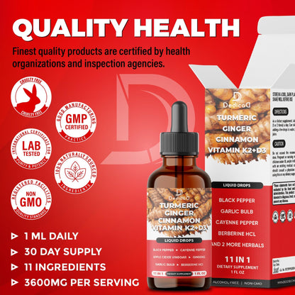 11in1 Liquid Turmeric Supplement – with Ginger, Garlic, Ceylon Cinnamon, Berberine, Ginseng, Apple Cider Vinegar – 1 Fl Oz – 30 Servings - dailyvitalstore