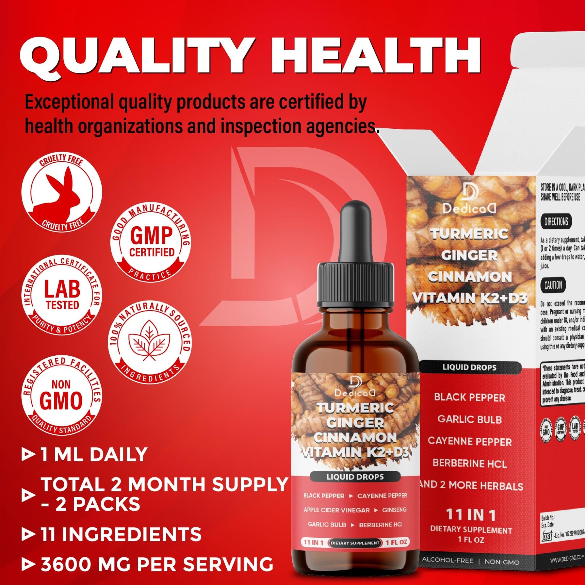 11in1 Turmeric Supplement for Health Heart & Wellness Support – with Ginger, Garlic, Ceylon Cinnamon, Berberine, Ginseng, Apple Cider Vinegar – 30ml Liquid Drops – 60 Servings - dailyvitalstore