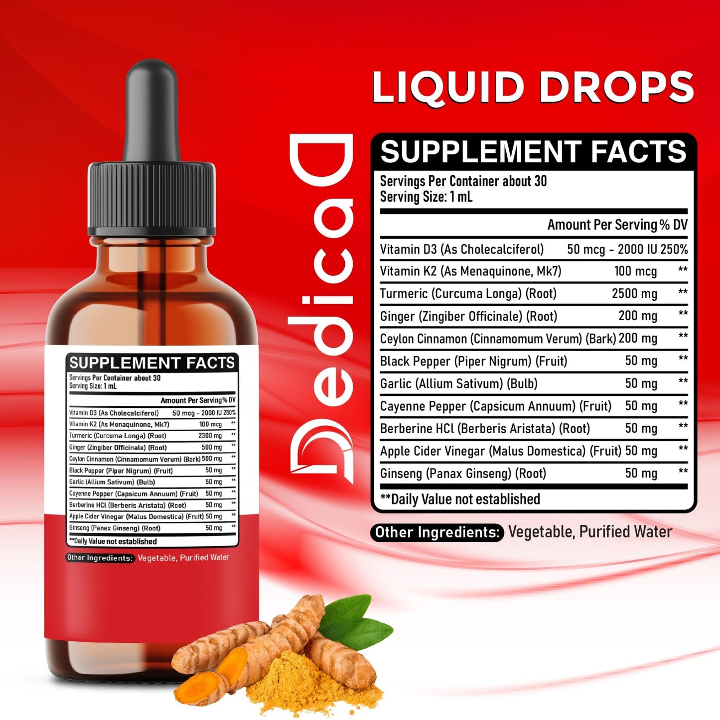 11in1 Turmeric Supplement for Health Heart & Wellness Support – with Ginger, Garlic, Ceylon Cinnamon, Berberine, Ginseng, Apple Cider Vinegar – 30ml Liquid Drops – 60 Servings - dailyvitalstore