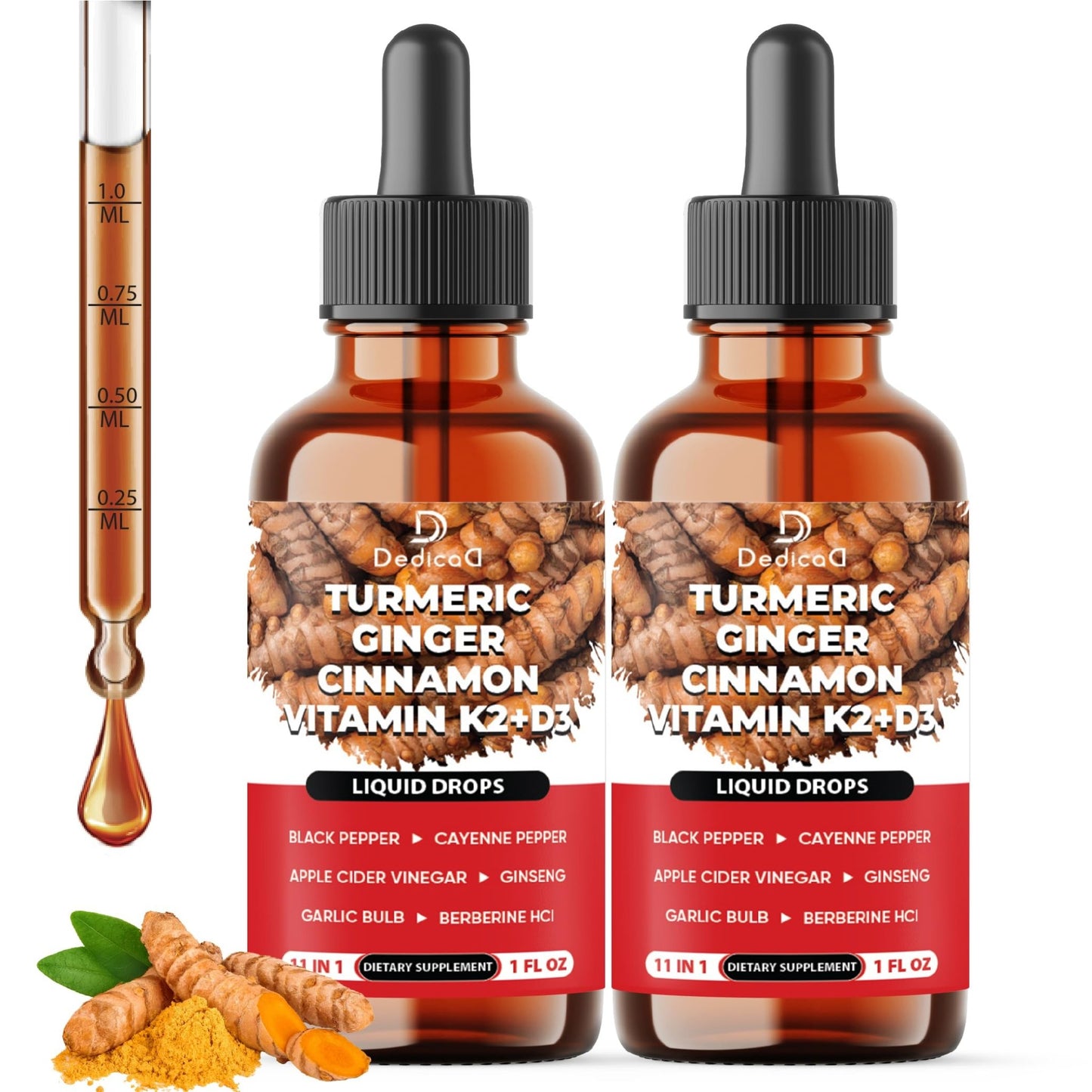 11in1 Turmeric Supplement for Health Heart & Wellness Support – with Ginger, Garlic, Ceylon Cinnamon, Berberine, Ginseng, Apple Cider Vinegar – 30ml Liquid Drops – 60 Servings - dailyvitalstore