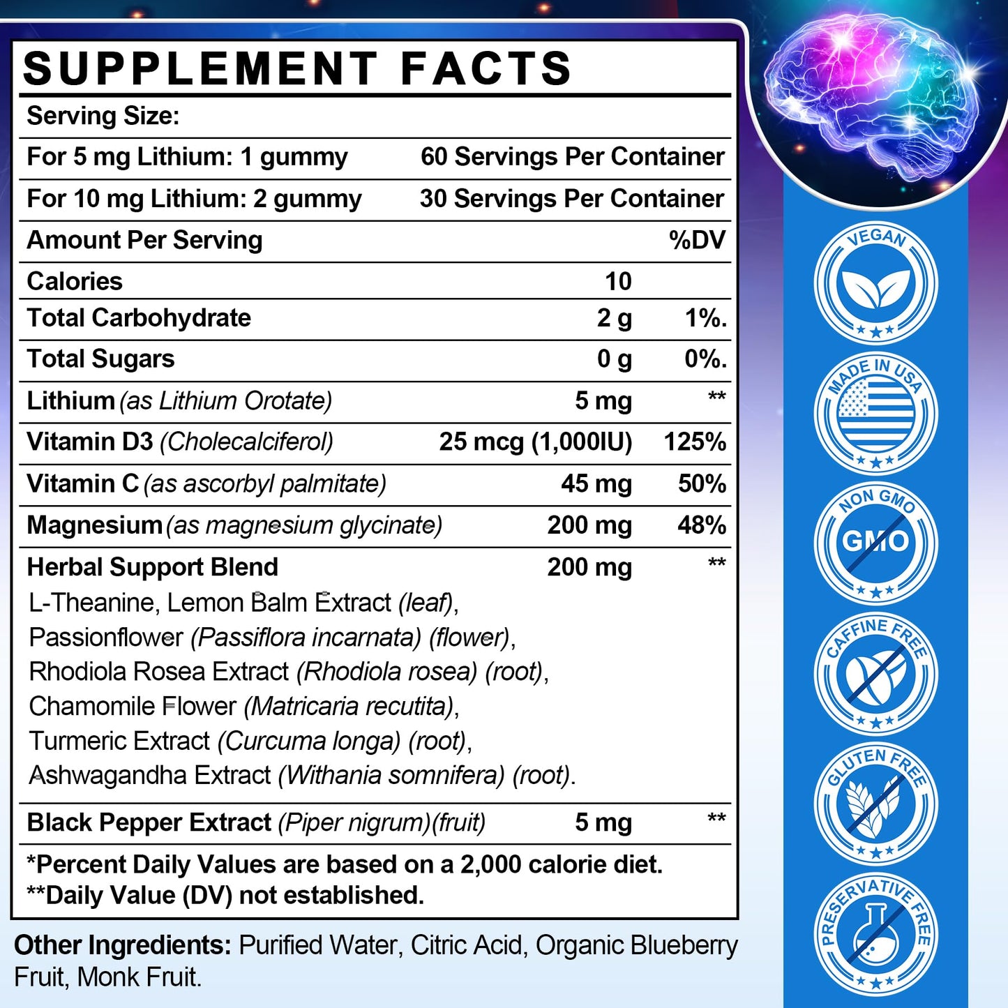 12-in-1 Lithium Orotate 5mg 10mg with Ashwagandha & L-Theanine, Lithium Orotate for Mood, Calm, Cognitive & Brain, High Bioavailability Trace Mineral, Lemon Balm - dailyvitalstore