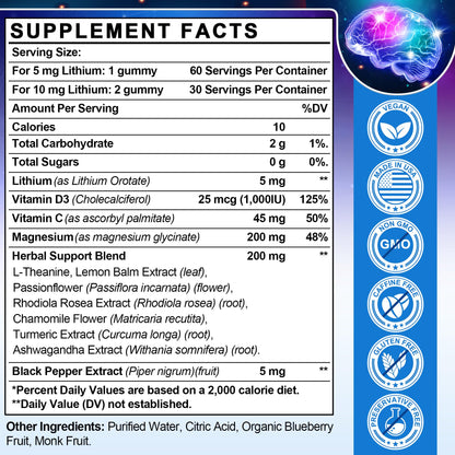 12-in-1 Lithium Orotate 5mg 10mg with Ashwagandha & L-Theanine, Lithium Orotate for Mood, Calm, Cognitive & Brain, High Bioavailability Trace Mineral, Lemon Balm - dailyvitalstore