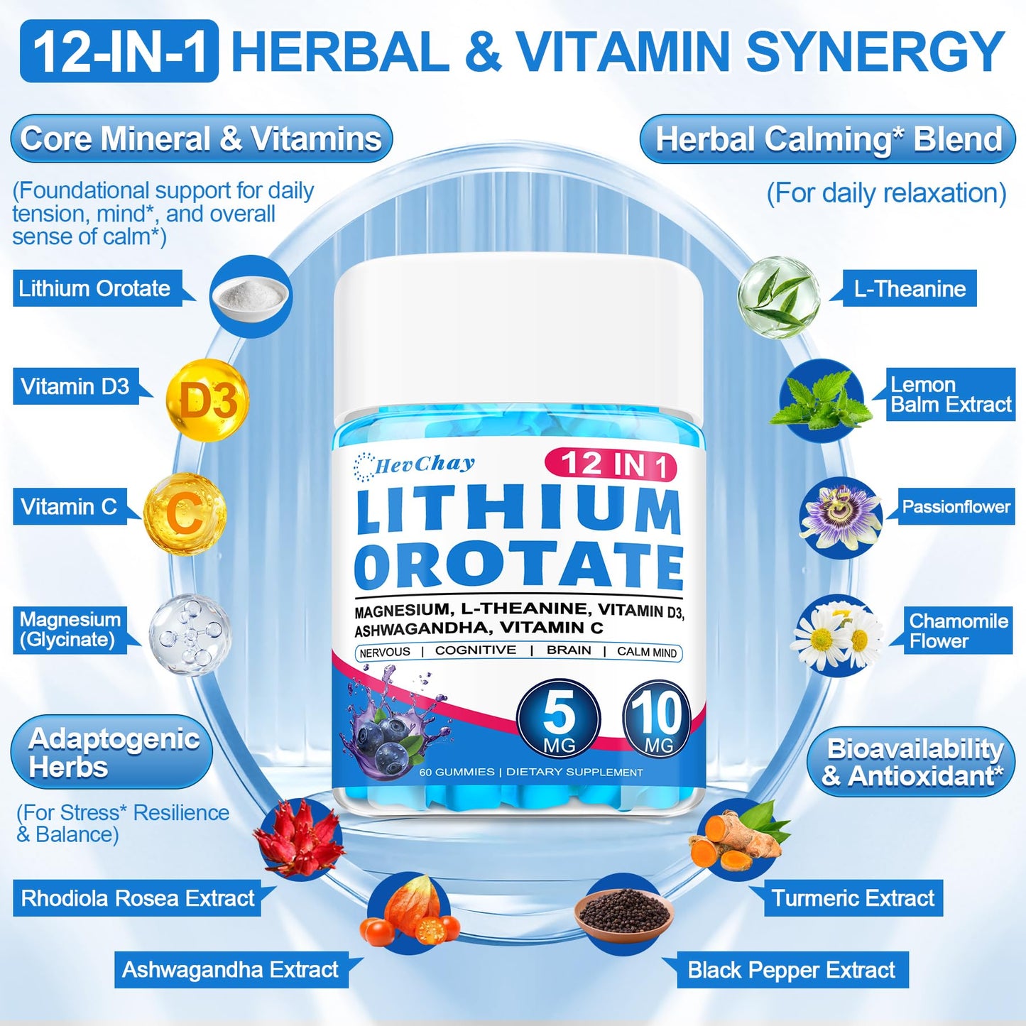 12-in-1 Lithium Orotate 5mg 10mg with Ashwagandha & L-Theanine, Lithium Orotate for Mood, Calm, Cognitive & Brain, High Bioavailability Trace Mineral, Lemon Balm - dailyvitalstore