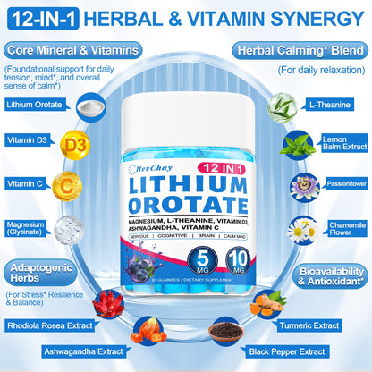 12-in-1 Lithium Orotate 5mg 10mg with Ashwagandha & L-Theanine, Lithium Orotate for Mood, Calm, Cognitive & Brain, High Bioavailability Trace Mineral, Lemon Balm - dailyvitalstore