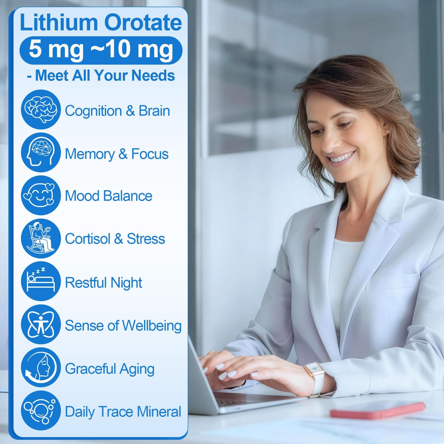 12-in-1 Lithium Orotate 5mg 10mg with Ashwagandha & L-Theanine, Lithium Orotate for Mood, Calm, Cognitive & Brain, High Bioavailability Trace Mineral, Lemon Balm - dailyvitalstore
