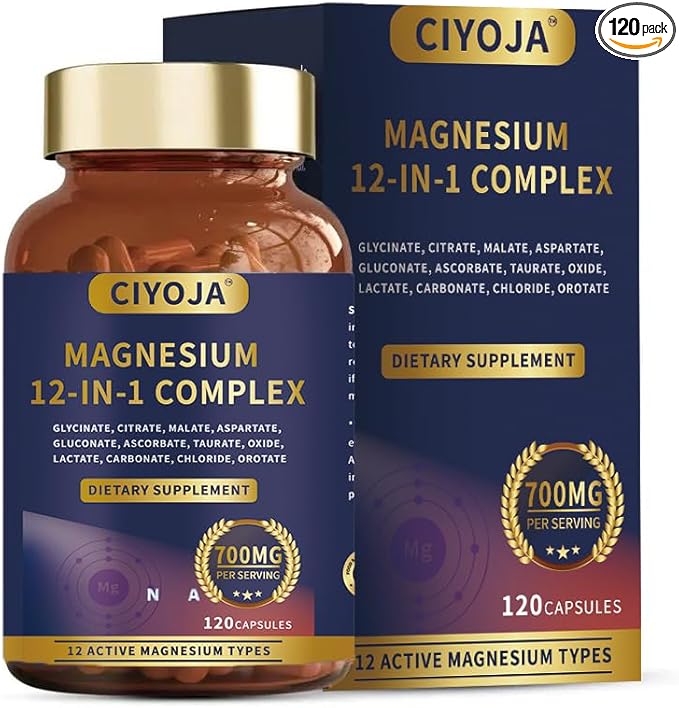 12-in-1 Magnesium Complex for Women Men: Magnesium Glycinate 700mg with Citrate, Malate Taurate Chelated Forms - High Absorption Magnesium Supplement for Relaxation Muscle Heart - 120 Vegan Capsules - dailyvitalstore