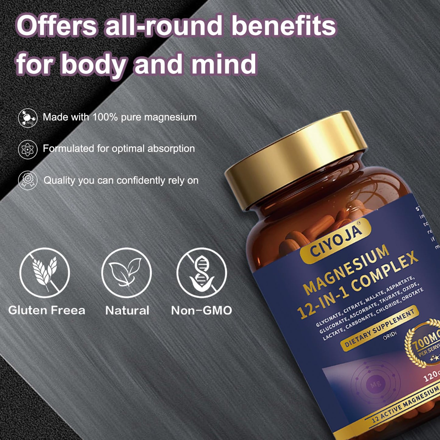 12-in-1 Magnesium Complex for Women Men: Magnesium Glycinate 700mg with Citrate, Malate Taurate Chelated Forms - High Absorption Magnesium Supplement for Relaxation Muscle Heart - 120 Vegan Capsules - dailyvitalstore