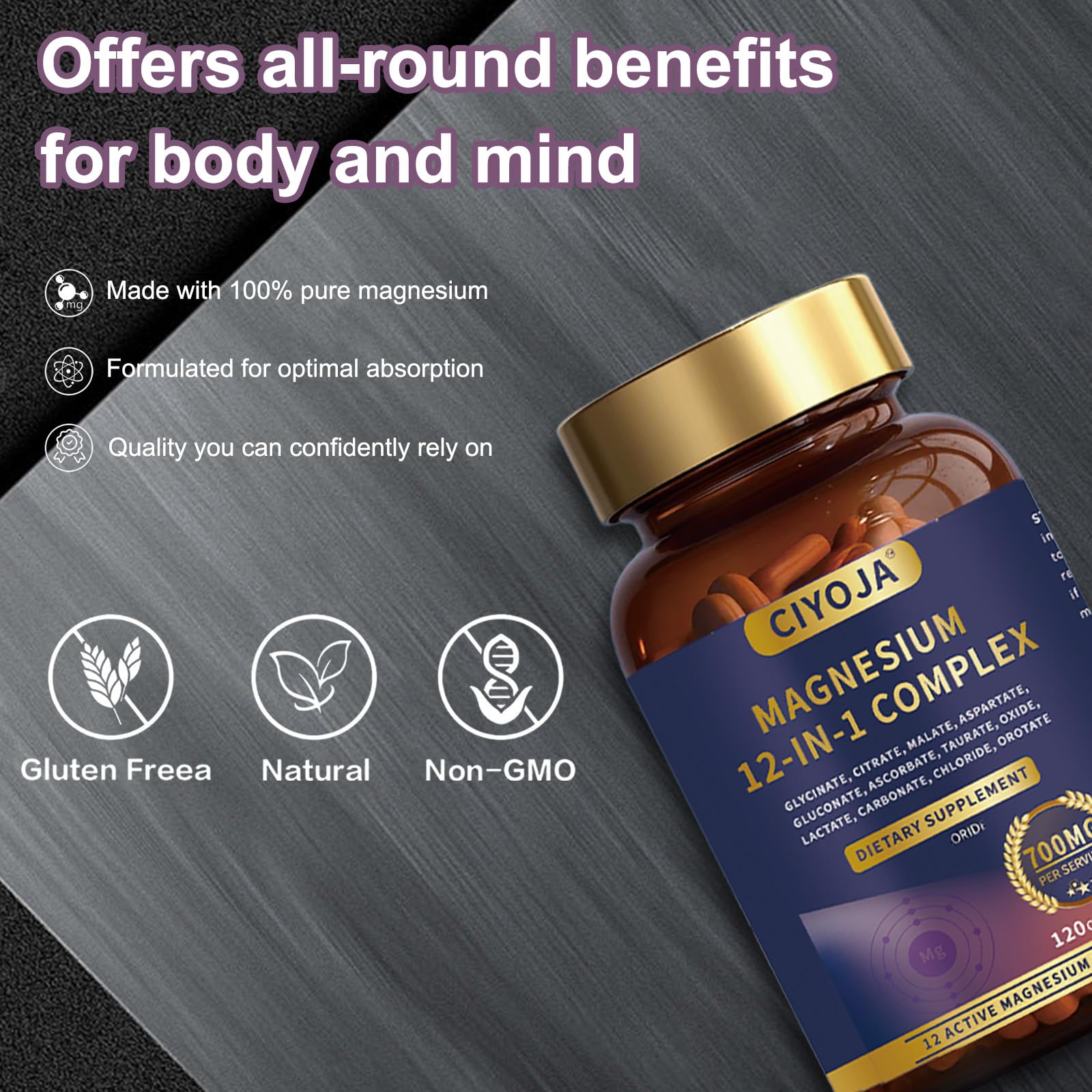 12-in-1 Magnesium Complex for Women Men: Magnesium Glycinate 700mg with Citrate, Malate Taurate Chelated Forms - High Absorption Magnesium Supplement for Relaxation Muscle Heart - 120 Vegan Capsules - dailyvitalstore