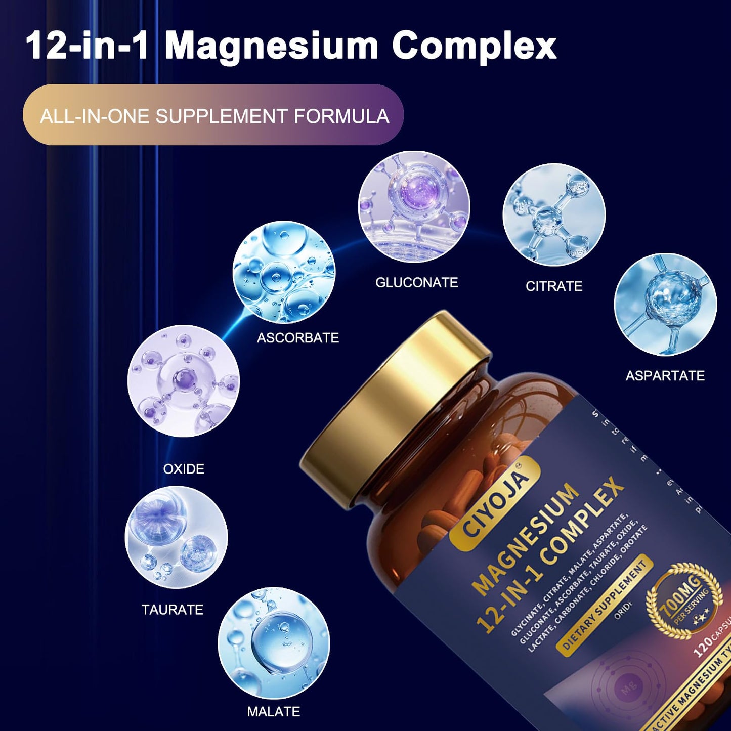 12-in-1 Magnesium Complex for Women Men: Magnesium Glycinate 700mg with Citrate, Malate Taurate Chelated Forms - High Absorption Magnesium Supplement for Relaxation Muscle Heart - 120 Vegan Capsules - dailyvitalstore