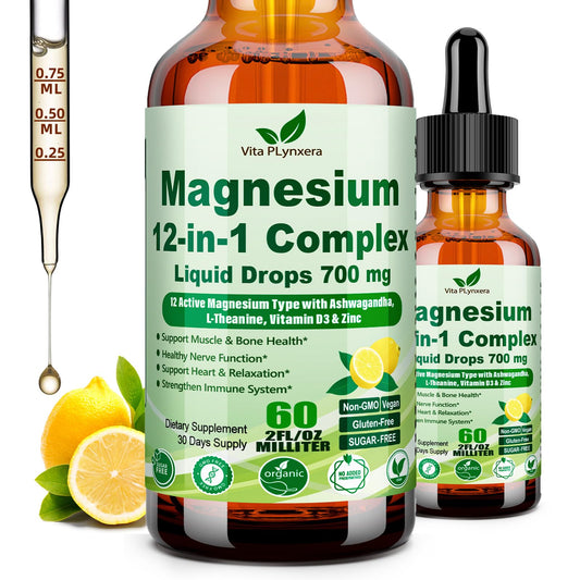 12-in-1 Magnesium Complex Liquid Drops, Chelated Magnesium Citrate Glycinate Taurate Malate Aspartate w. Ashwagandha Theanine D3 & Zinc for Relaxation Sleep Immune Health & Muscle Function丨Women Men. - dailyvitalstore