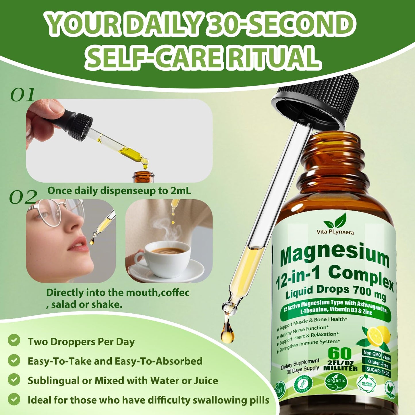12-in-1 Magnesium Complex Liquid Drops, Chelated Magnesium Citrate Glycinate Taurate Malate Aspartate w. Ashwagandha Theanine D3 & Zinc for Relaxation Sleep Immune Health & Muscle Function丨Women Men. - dailyvitalstore