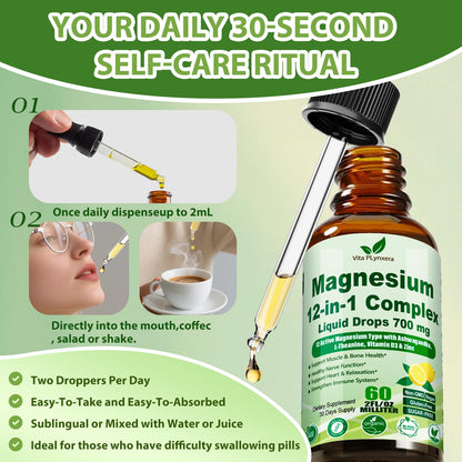 12-in-1 Magnesium Complex Liquid Drops, Chelated Magnesium Citrate Glycinate Taurate Malate Aspartate w. Ashwagandha Theanine D3 & Zinc for Relaxation Sleep Immune Health & Muscle Function丨Women Men. - dailyvitalstore