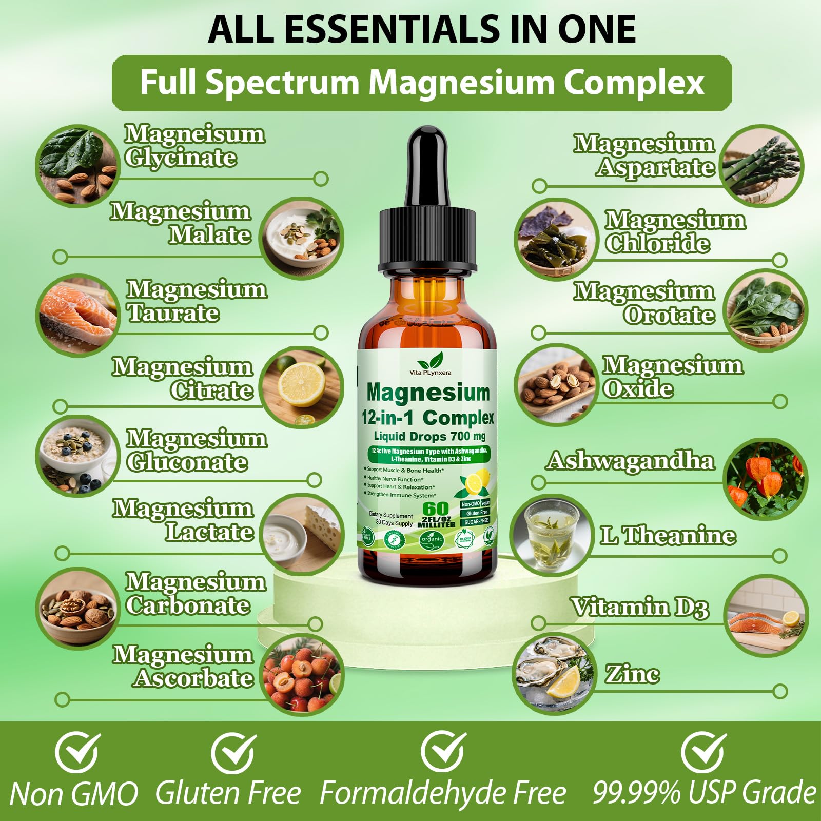 12-in-1 Magnesium Complex Liquid Drops, Chelated Magnesium Citrate Glycinate Taurate Malate Aspartate w. Ashwagandha Theanine D3 & Zinc for Relaxation Sleep Immune Health & Muscle Function丨Women Men. - dailyvitalstore