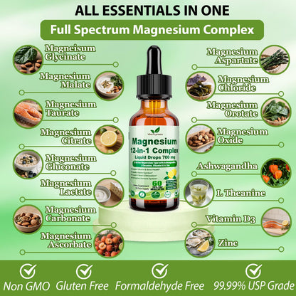12-in-1 Magnesium Complex Liquid Drops, Chelated Magnesium Citrate Glycinate Taurate Malate Aspartate w. Ashwagandha Theanine D3 & Zinc for Relaxation Sleep Immune Health & Muscle Function丨Women Men. - dailyvitalstore