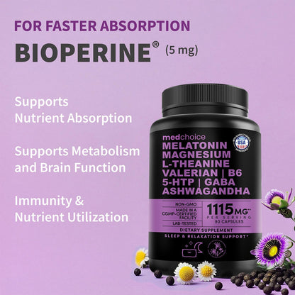 12-in-1 Melatonin Sleep Capsules - Natural Sleep Aids for Adults with Melatonin 5mg and Magnesium Glycinate 500mg, Sleep Aid with Ashwagandha, L Theanine, Valerian Root, GABA, 5-HTP (90ct, Pack of 1) - dailyvitalstore