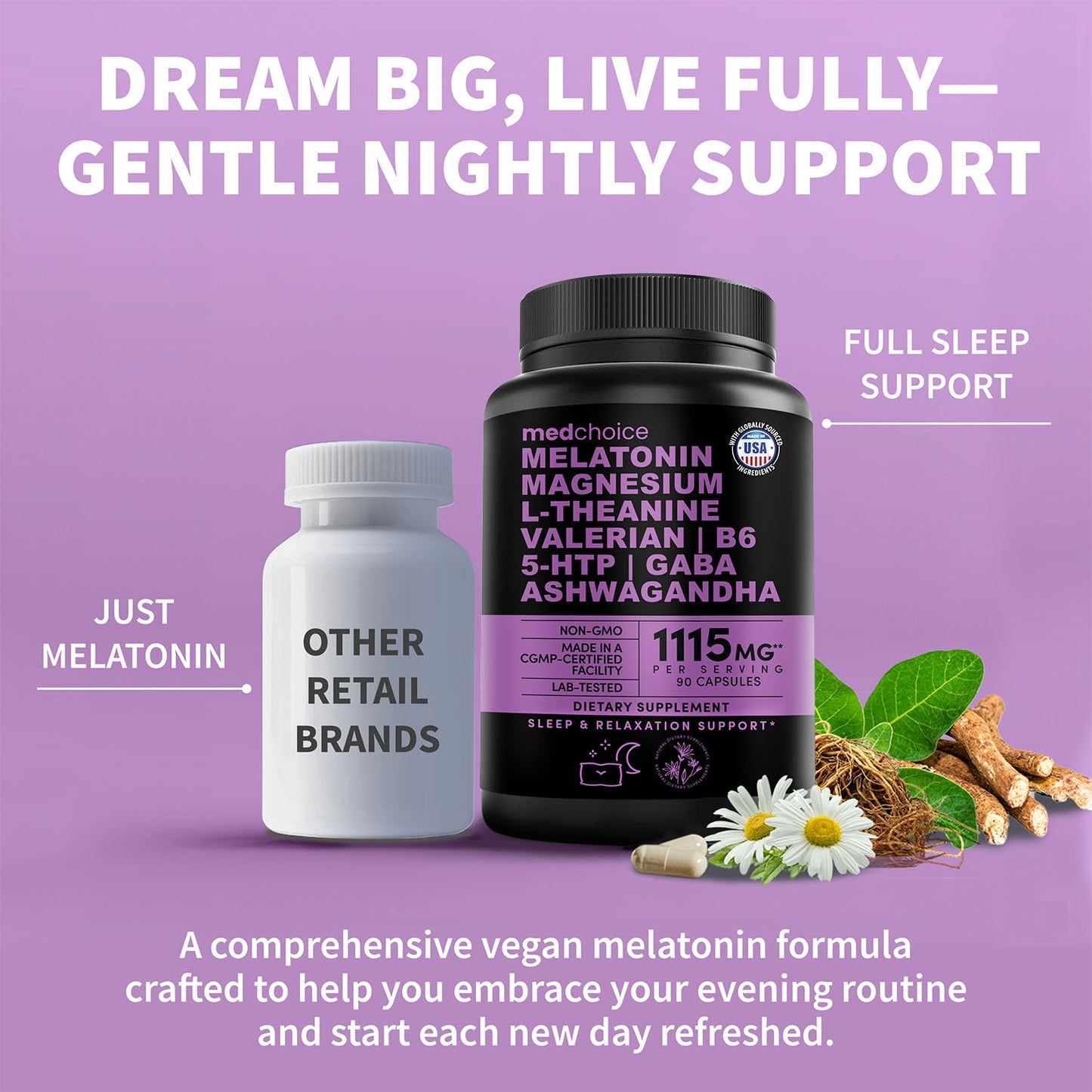 12-in-1 Melatonin Sleep Capsules - Natural Sleep Aids for Adults with Melatonin 5mg and Magnesium Glycinate 500mg, Sleep Aid with Ashwagandha, L Theanine, Valerian Root, GABA, 5-HTP (90ct, Pack of 1) - dailyvitalstore