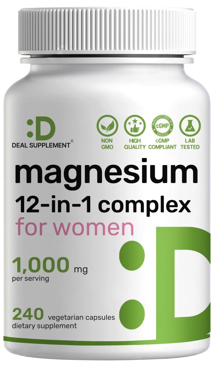 12‑in‑1 Magnesium Complex for Women 1,000 mg, 240 Vegetarian Capsules | Magnesium Glycinate, Citrate, Malate, Taurate, Orotate, Oxide & More | Chelated & Purified for Better Absorption - dailyvitalstore