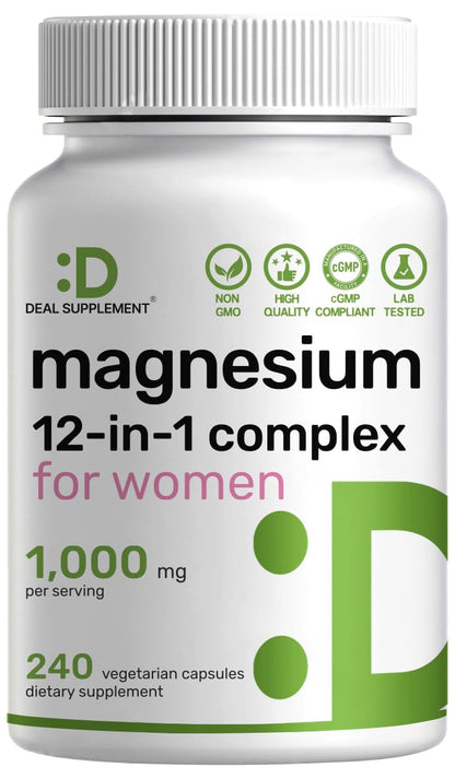 12‑in‑1 Magnesium Complex for Women 1,000 mg, 240 Vegetarian Capsules | Magnesium Glycinate, Citrate, Malate, Taurate, Orotate, Oxide & More | Chelated & Purified for Better Absorption - dailyvitalstore