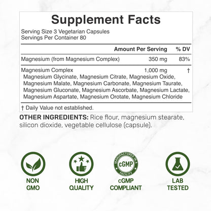 12‑in‑1 Magnesium Complex for Women 1,000 mg, 240 Vegetarian Capsules | Magnesium Glycinate, Citrate, Malate, Taurate, Orotate, Oxide & More | Chelated & Purified for Better Absorption - dailyvitalstore