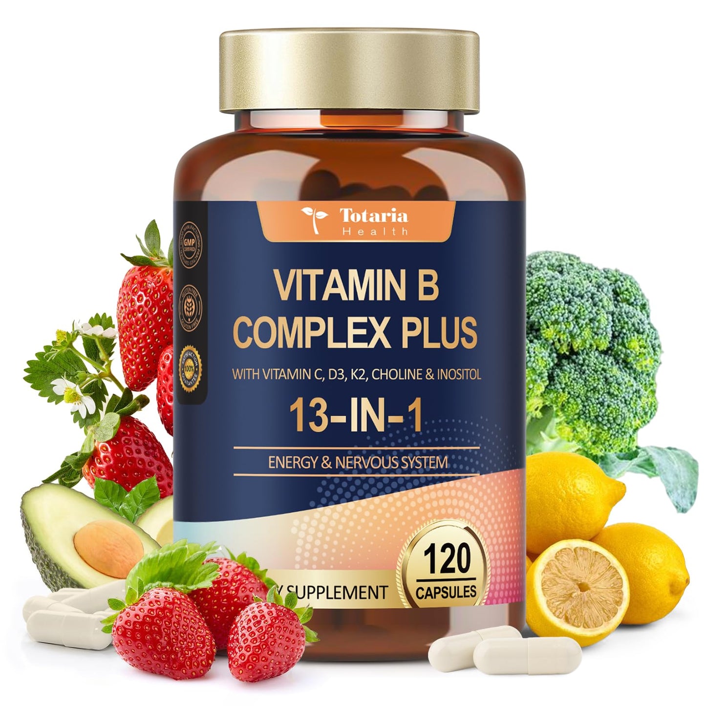 13-in-1 Vitamin B Complex Plus with Vitamin B1, B2, B3 (Niacinamide), B4, B5, B6, B7 (Biotin), B8 (Inositol), B9 (Folate), B12, C, D3, K2 - Energy, Nerve, - dailyvitalstore