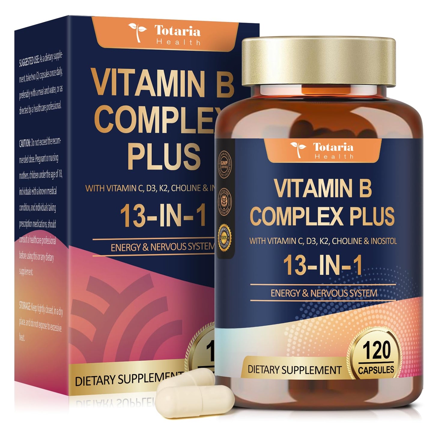 13-in-1 Vitamin B Complex Plus with Vitamin B1, B2, B3 (Niacinamide), B4, B5, B6, B7 (Biotin), B8 (Inositol), B9 (Folate), B12, C, D3, K2 - Energy, Nerve, - dailyvitalstore