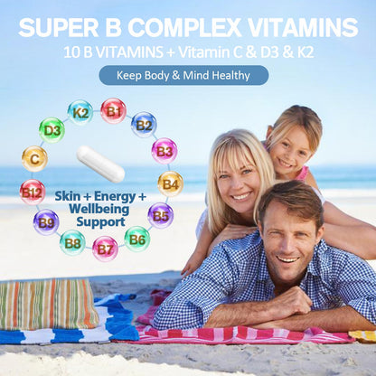 13-in-1 Vitamin B Complex Plus with Vitamin B1, B2, B3 (Niacinamide), B4, B5, B6, B7 (Biotin), B8 (Inositol), B9 (Folate), B12, C, D3, K2 - Energy, Nerve, - dailyvitalstore
