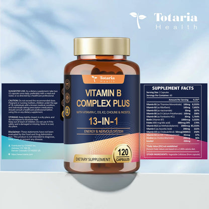 13-in-1 Vitamin B Complex Plus with Vitamin B1, B2, B3 (Niacinamide), B4, B5, B6, B7 (Biotin), B8 (Inositol), B9 (Folate), B12, C, D3, K2 - Energy, Nerve, - dailyvitalstore