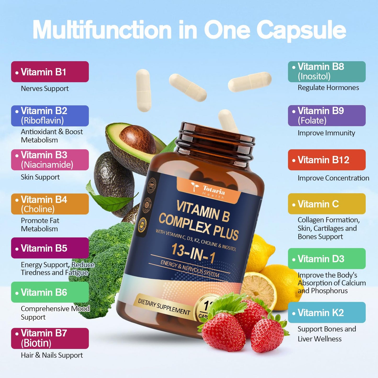 13-in-1 Vitamin B Complex Plus with Vitamin B1, B2, B3 (Niacinamide), B4, B5, B6, B7 (Biotin), B8 (Inositol), B9 (Folate), B12, C, D3, K2 - Energy, Nerve, - dailyvitalstore