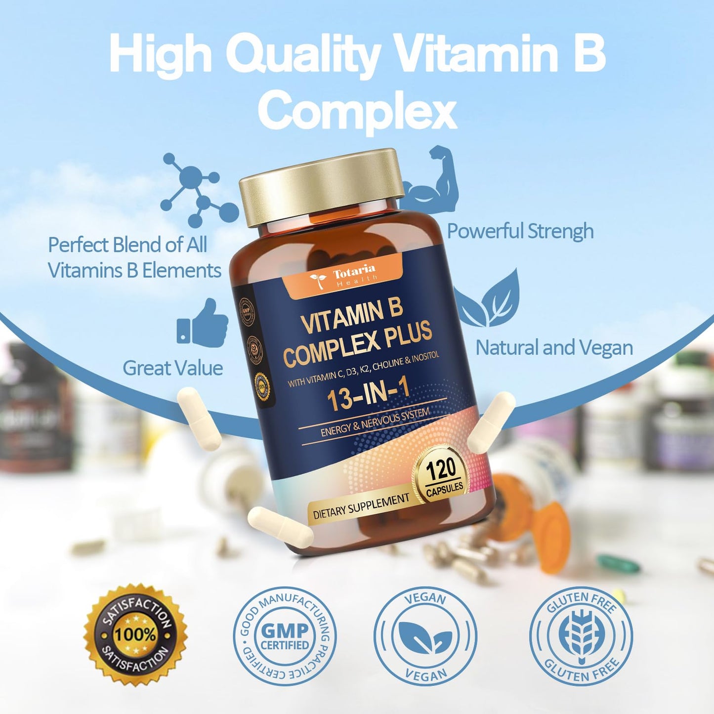 13-in-1 Vitamin B Complex Plus with Vitamin B1, B2, B3 (Niacinamide), B4, B5, B6, B7 (Biotin), B8 (Inositol), B9 (Folate), B12, C, D3, K2 - Energy, Nerve, - dailyvitalstore