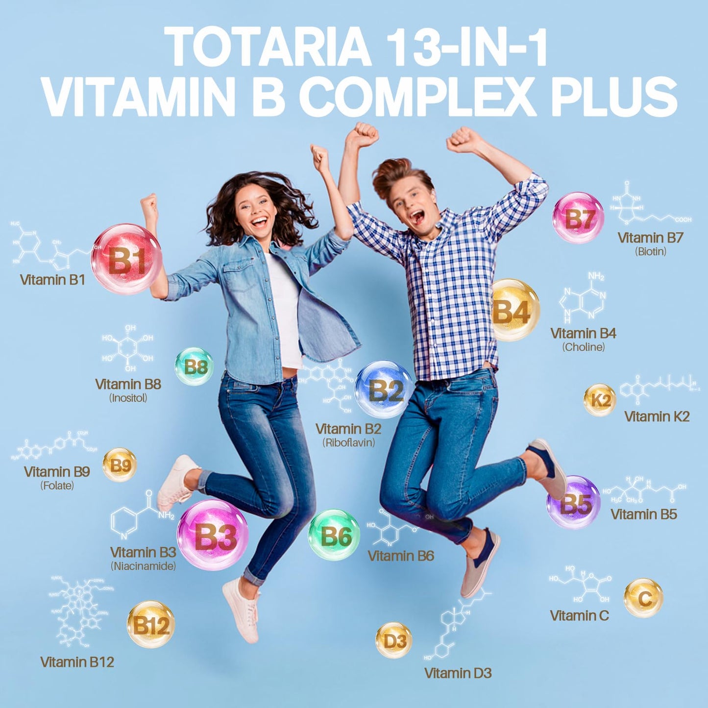 13-in-1 Vitamin B Complex Plus with Vitamin B1, B2, B3 (Niacinamide), B4, B5, B6, B7 (Biotin), B8 (Inositol), B9 (Folate), B12, C, D3, K2 - Energy, Nerve, - dailyvitalstore