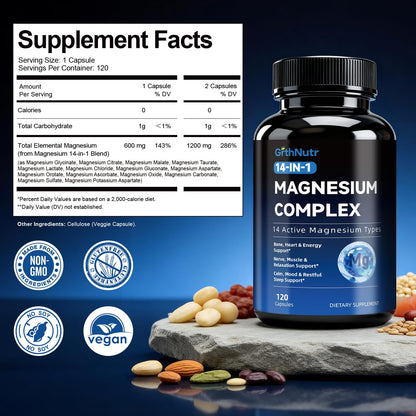 14-in-1 Magnesium Complex Supplement, 1200mg Elemental Magnesium Glycinate, Citrate, Malate, Taurate - Magnesium Complex for Women Nerves, Bone & Heart Health | Non-GMO - dailyvitalstore
