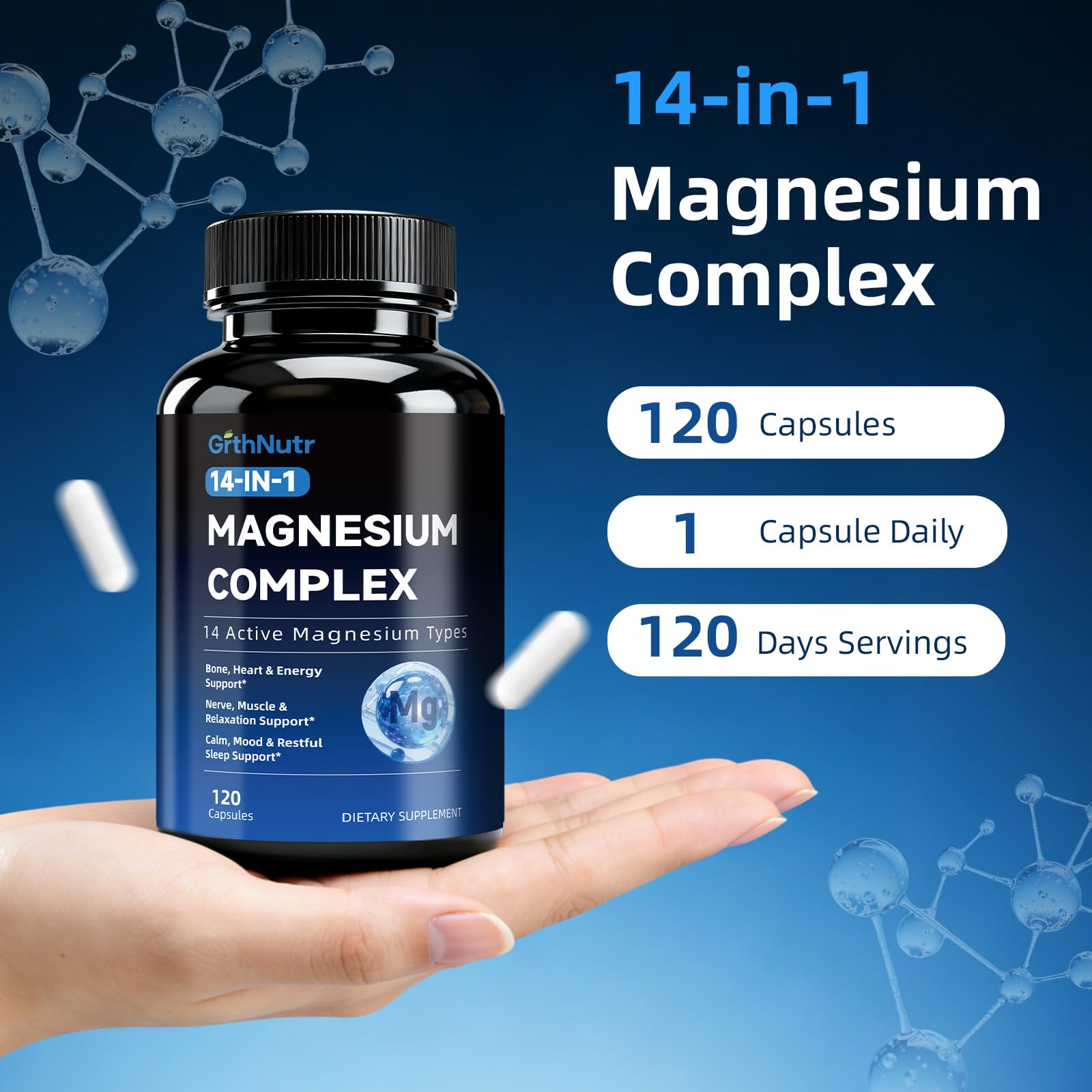 14-in-1 Magnesium Complex Supplement, 1200mg Elemental Magnesium Glycinate, Citrate, Malate, Taurate - Magnesium Complex for Women Nerves, Bone & Heart Health | Non-GMO - dailyvitalstore