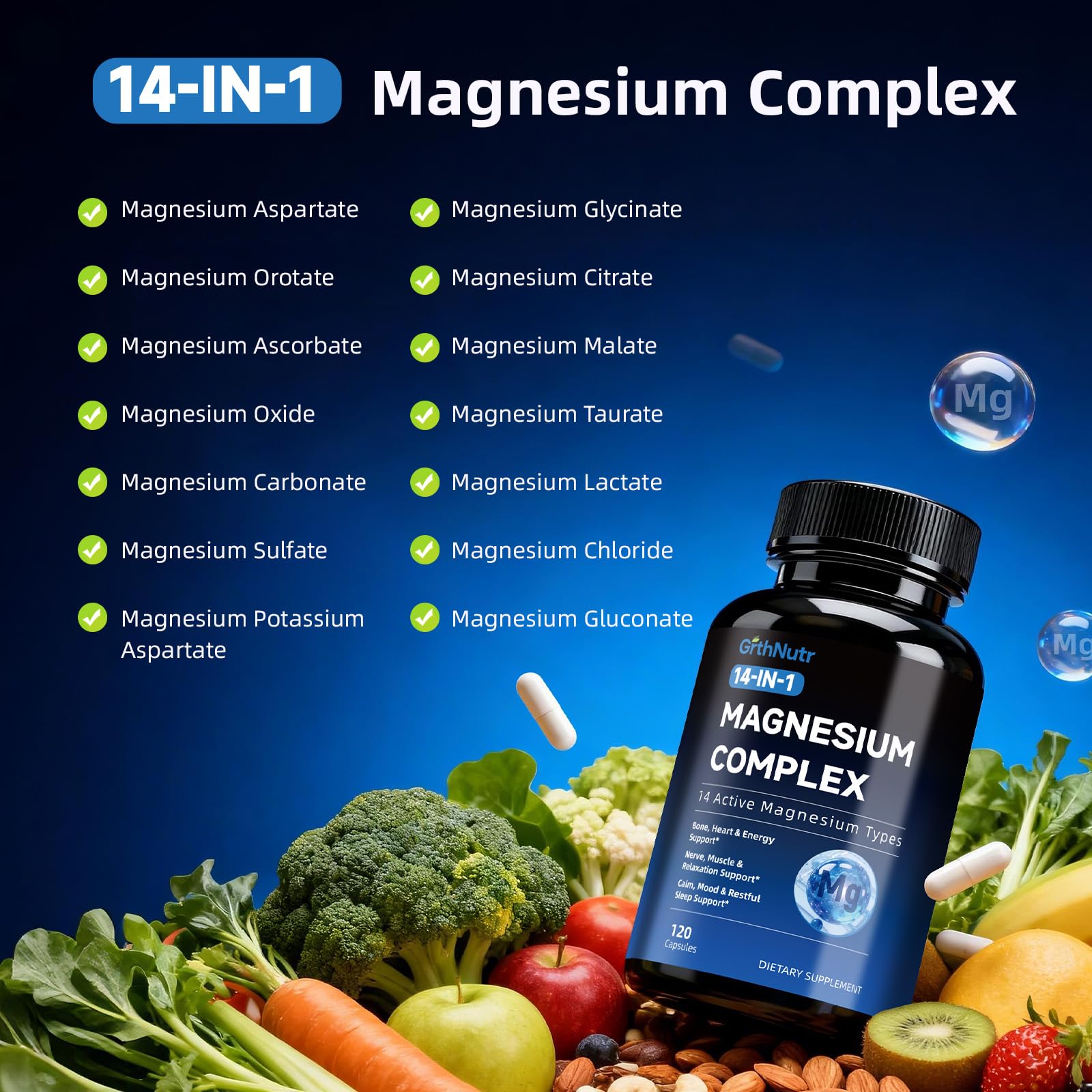 14-in-1 Magnesium Complex Supplement, 1200mg Elemental Magnesium Glycinate, Citrate, Malate, Taurate - Magnesium Complex for Women Nerves, Bone & Heart Health | Non-GMO - dailyvitalstore