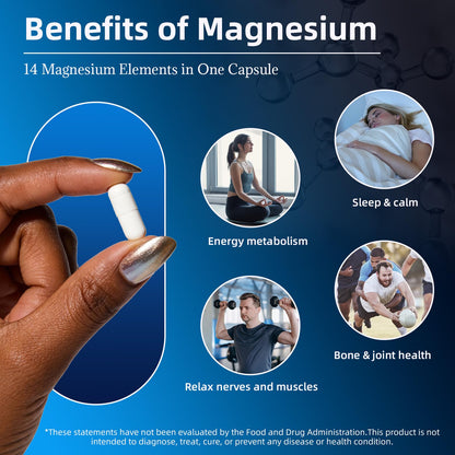 14-in-1 Magnesium Complex Supplement, 1200mg Elemental Magnesium Glycinate, Citrate, Malate, Taurate - Magnesium Complex for Women Nerves, Bone & Heart Health | Non-GMO - dailyvitalstore