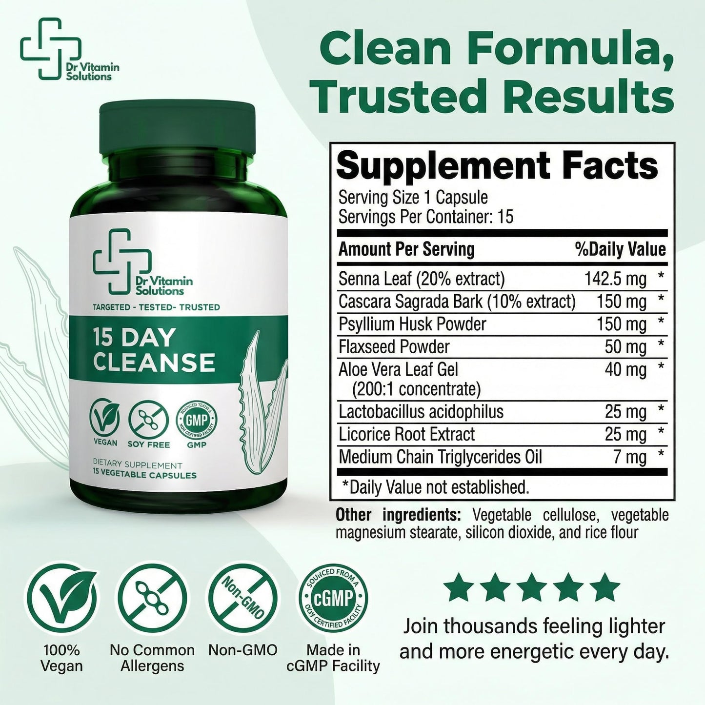 15 Day Colon Cleanse & Detox for Women and Men, Gut Cleanse with Senna, Aloe Vera, Psyllium Husk & Probiotics, Bloating, Constipation Relief, Gentle, Vegan, - dailyvitalstore