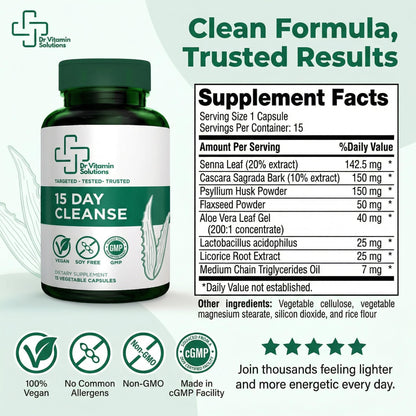 15 Day Colon Cleanse & Detox for Women and Men, Gut Cleanse with Senna, Aloe Vera, Psyllium Husk & Probiotics, Bloating, Constipation Relief, Gentle, Vegan, - dailyvitalstore