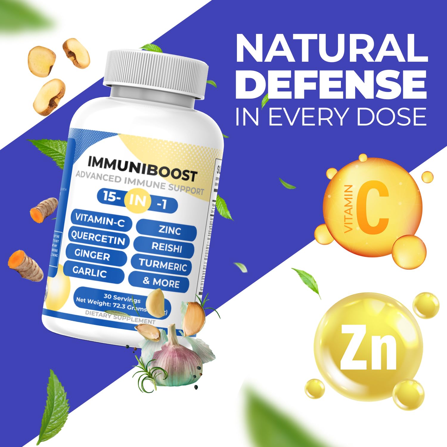 15 in 1 Immune Support Supplement 120 Capsules with Powerful Blend of Turmeric, Ginger, Vitamin C and Zinc Immune Booster for Adults - dailyvitalstore