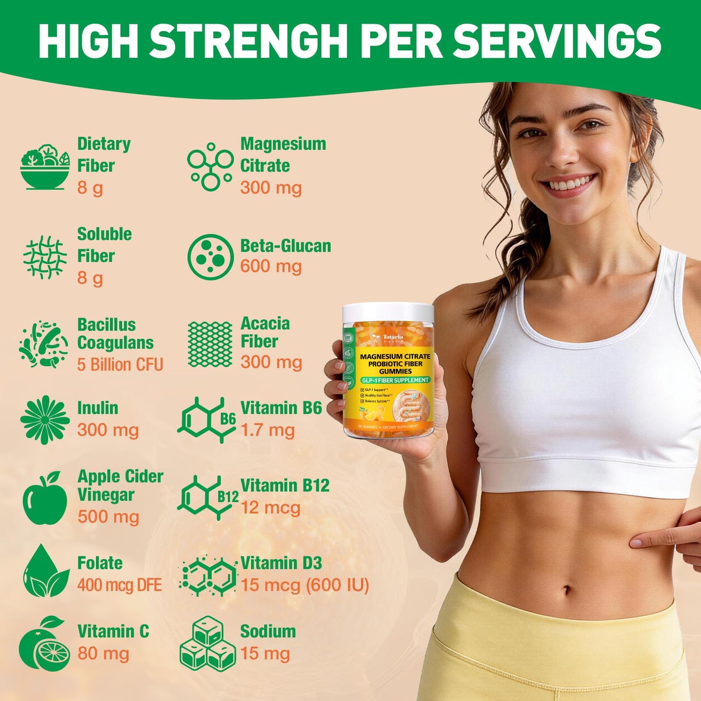 15-in-1 Magnesium Citrate Fiber Gummies with Probiotic Prebiotic for Digestion, Fiber Supplement with Magnesium Citrate 300mg, Apple Cider Vinegar 500mg, Acacia, B6, B12, 60 Orange Vegan Gummies - dailyvitalstore