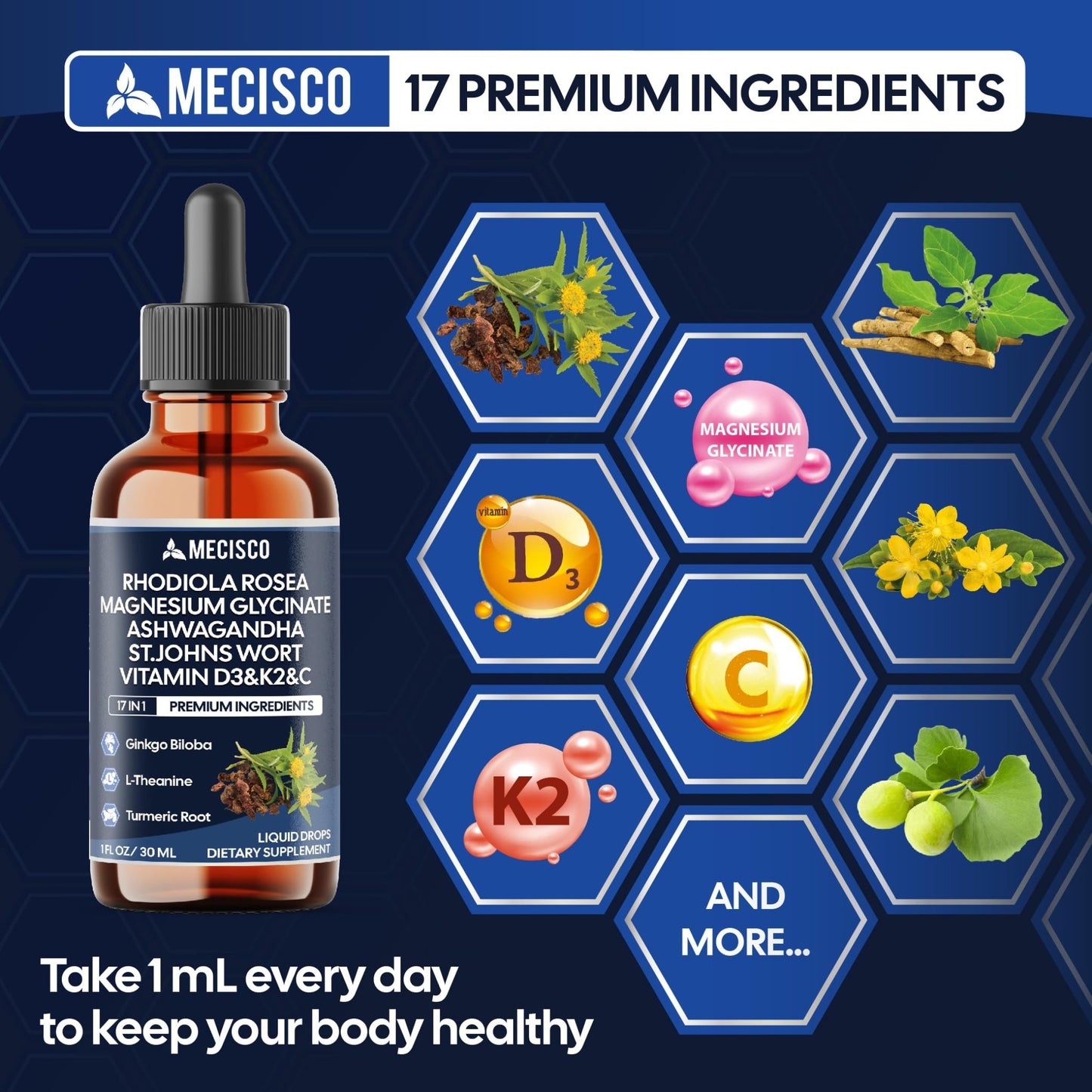 17in1 Rhodiola Rosea Liquid Drops with blend Ashwagandha Magnesium, L-Theanine. Ultra Strength Rhodiola Cortisol Supplement, Rhodiola Root for Support Relaxation, Mood, Energy - 1 FL Oz - 60 Day - dailyvitalstore