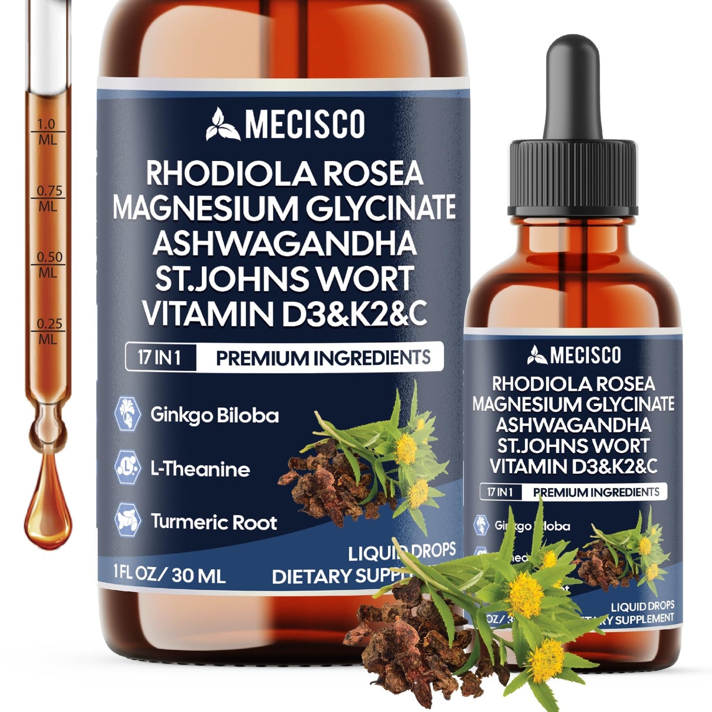 17in1 Rhodiola Rosea Liquid Drops with blend Ashwagandha Magnesium, L-Theanine. Ultra Strength Rhodiola Cortisol Supplement, Rhodiola Root for Support Relaxation, Mood, Energy - 1 FL Oz - 60 Day - dailyvitalstore