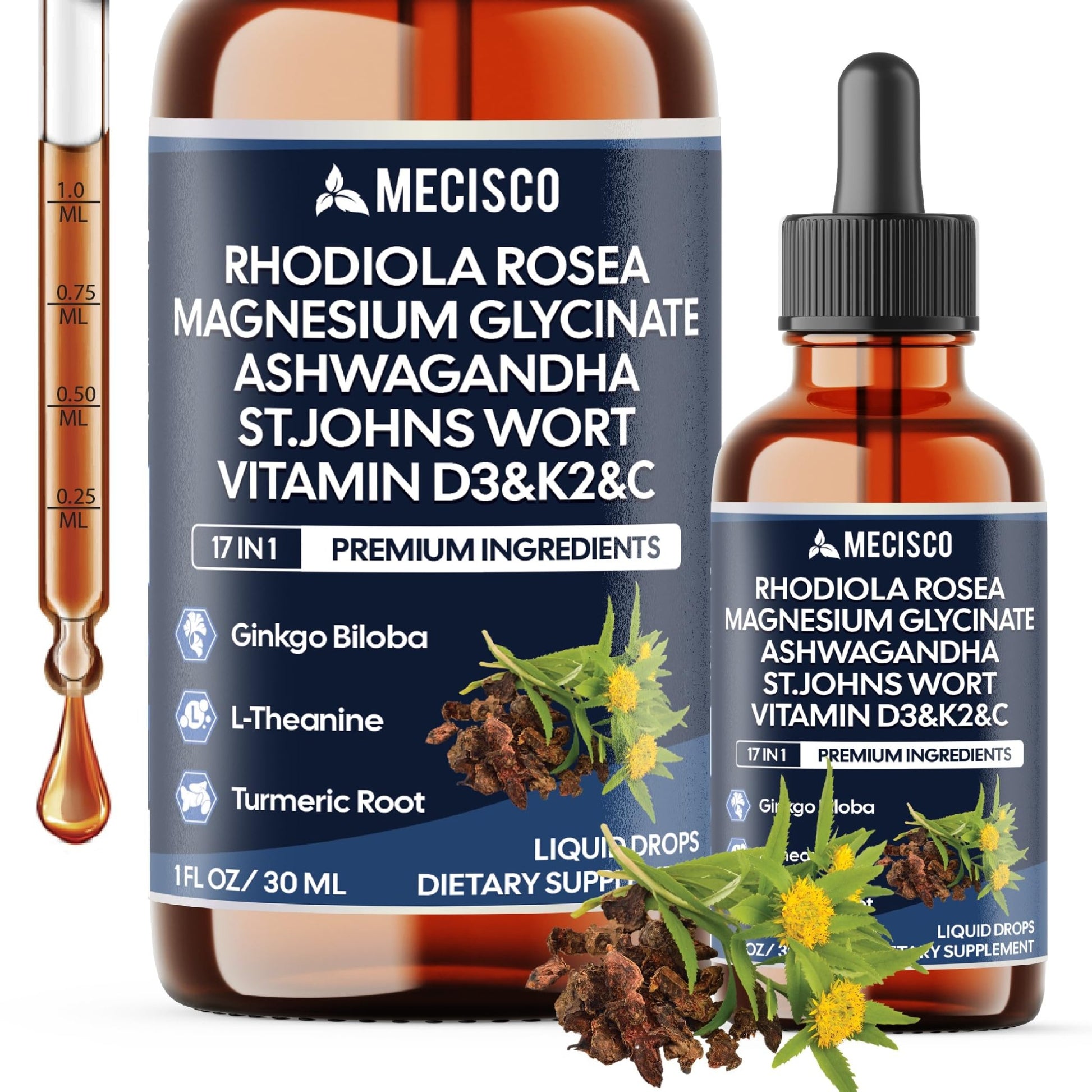 17in1 Rhodiola Rosea Liquid Drops with blend Ashwagandha Magnesium, L-Theanine. Ultra Strength Rhodiola Cortisol Supplement, Rhodiola Root for Support Relaxation, Mood, Energy - 1 FL Oz - 60 Day - dailyvitalstore