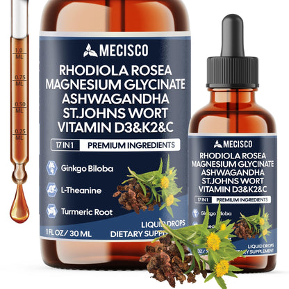 17in1 Rhodiola Rosea Liquid Drops with blend Ashwagandha Magnesium, L-Theanine. Ultra Strength Rhodiola Cortisol Supplement, Rhodiola Root for Support Relaxation, Mood, Energy - 1 FL Oz - 60 Day - dailyvitalstore