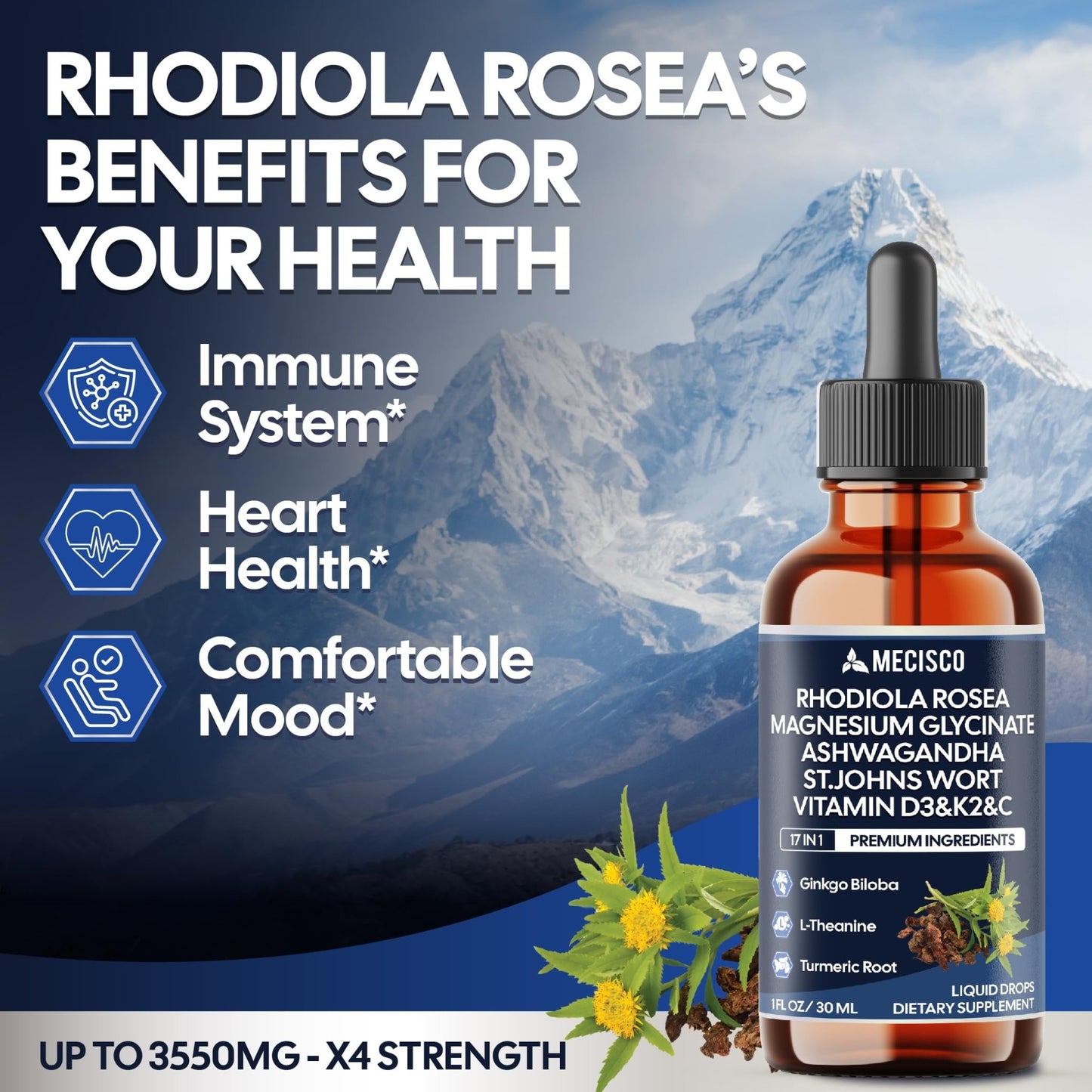 17in1 Rhodiola Rosea Liquid Drops with blend Ashwagandha Magnesium, L-Theanine. Ultra Strength Rhodiola Cortisol Supplement, Rhodiola Root for Support Relaxation, Mood, Energy - 1 FL Oz - 60 Day - dailyvitalstore